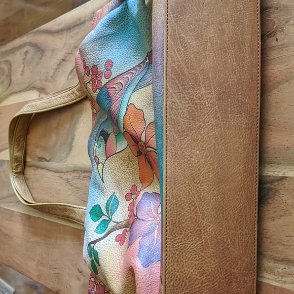 Anna by Anuschka Genuine Leather Large Shopper Bag Bird on Branch Hand Painted - Picture 4 of 16